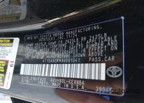 2025 Toyota Camry Le from USA, damaged, VIN 4T1DAACK4SU091041